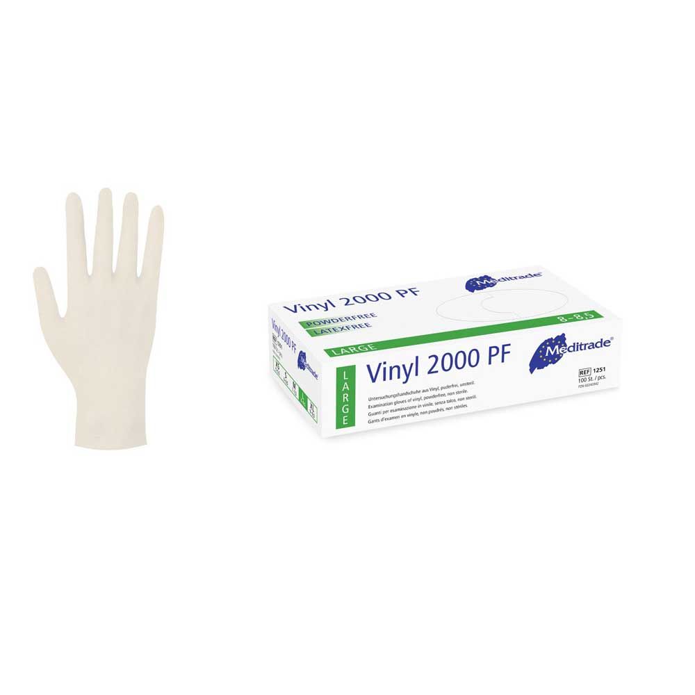 Unsterile Vinylhandschuhe, puderfrei; Handschuhansicht neben Packung