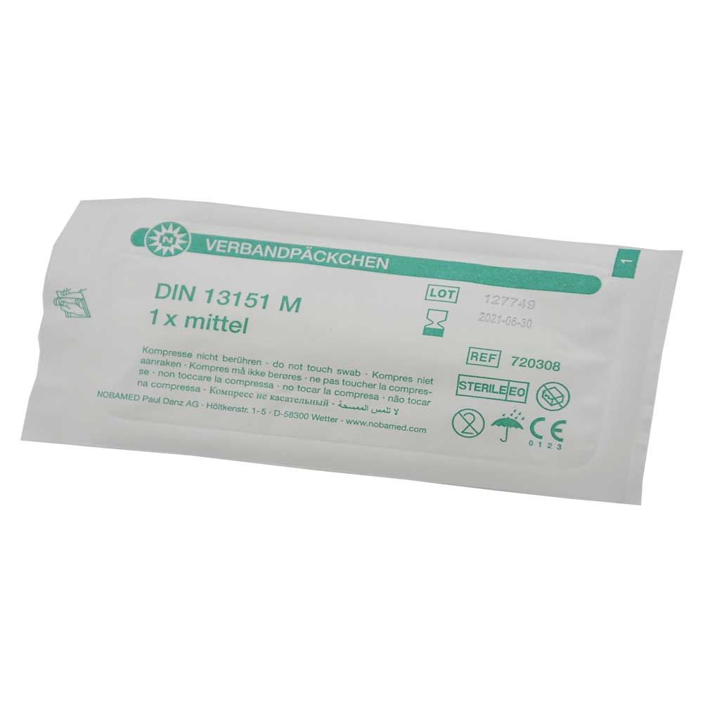 Steriles Verbandpäckchen DIN 13151, Größe M, mit Wundauflage, beschriftete Verpackung