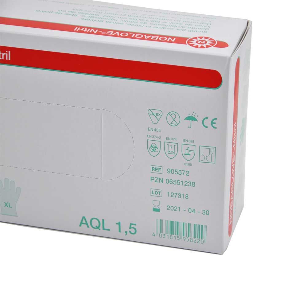 Nitril-Einmalhandschuhe, weiß, puderfrei, Rückseite der Packung