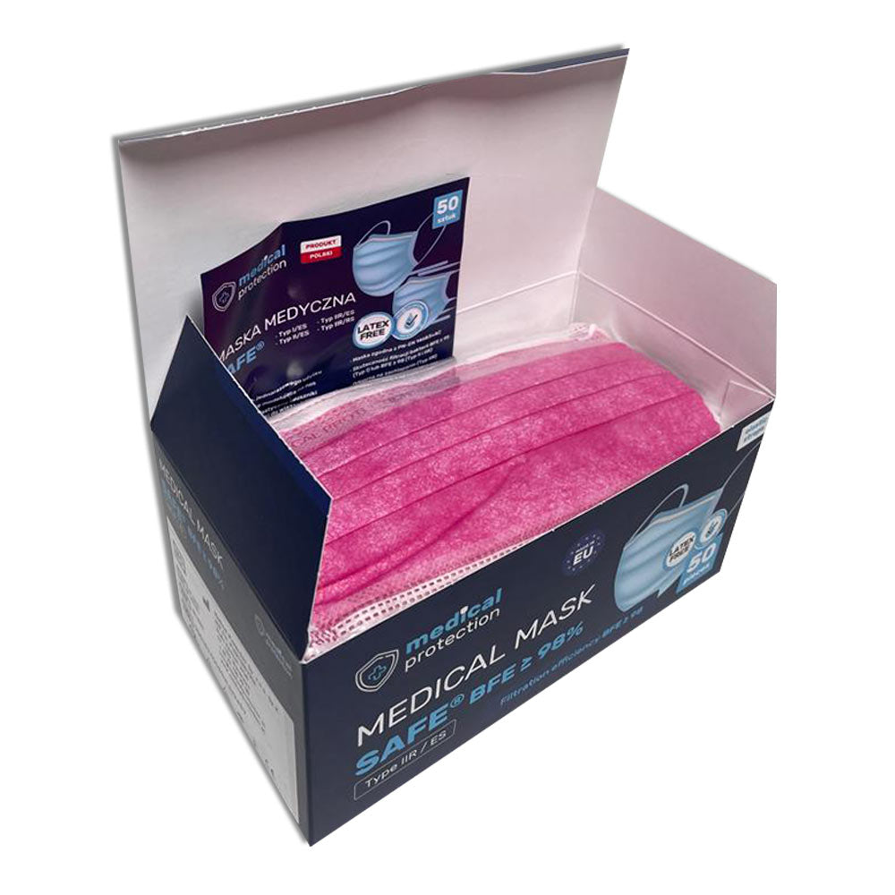 Offene Verpackung mit 3-lagigen pinken Mundschutzmasken SAFE® von Medical Protection, 50 St.