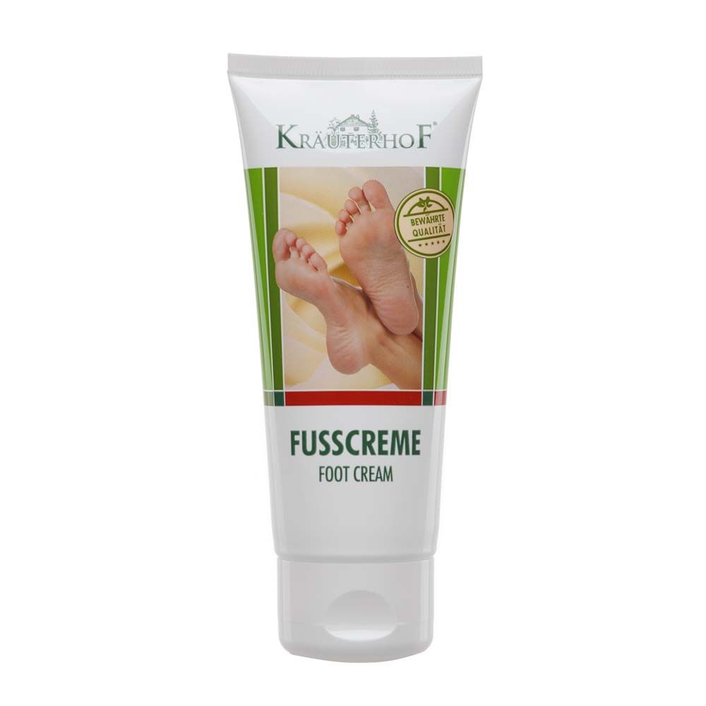 Asam Kräuterhof® Fußcreme im weißen Tube mit grünen Akzenten, Aufdruck „FUSSCREME“