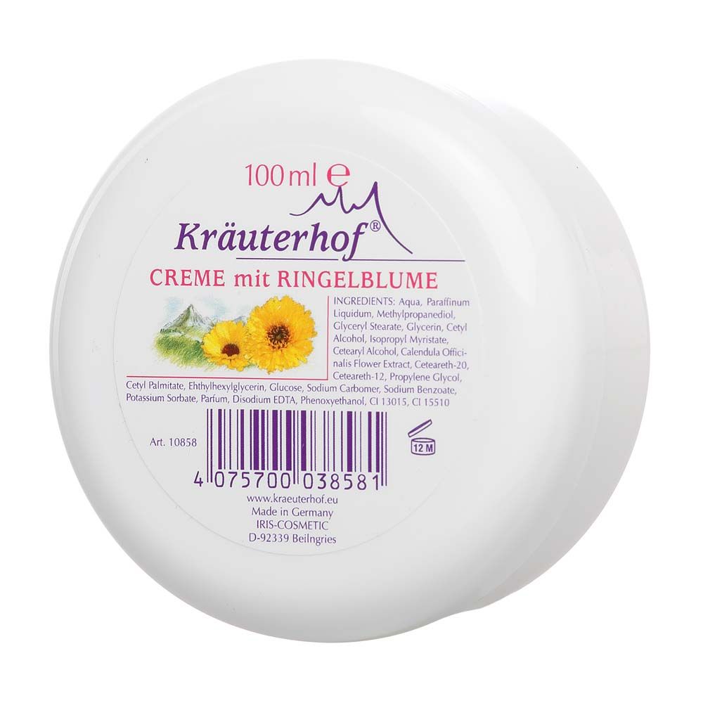 Kosmetikcreme im runden Tiegel mit 100 ml Aufdruck und Kräuterhof-Logo