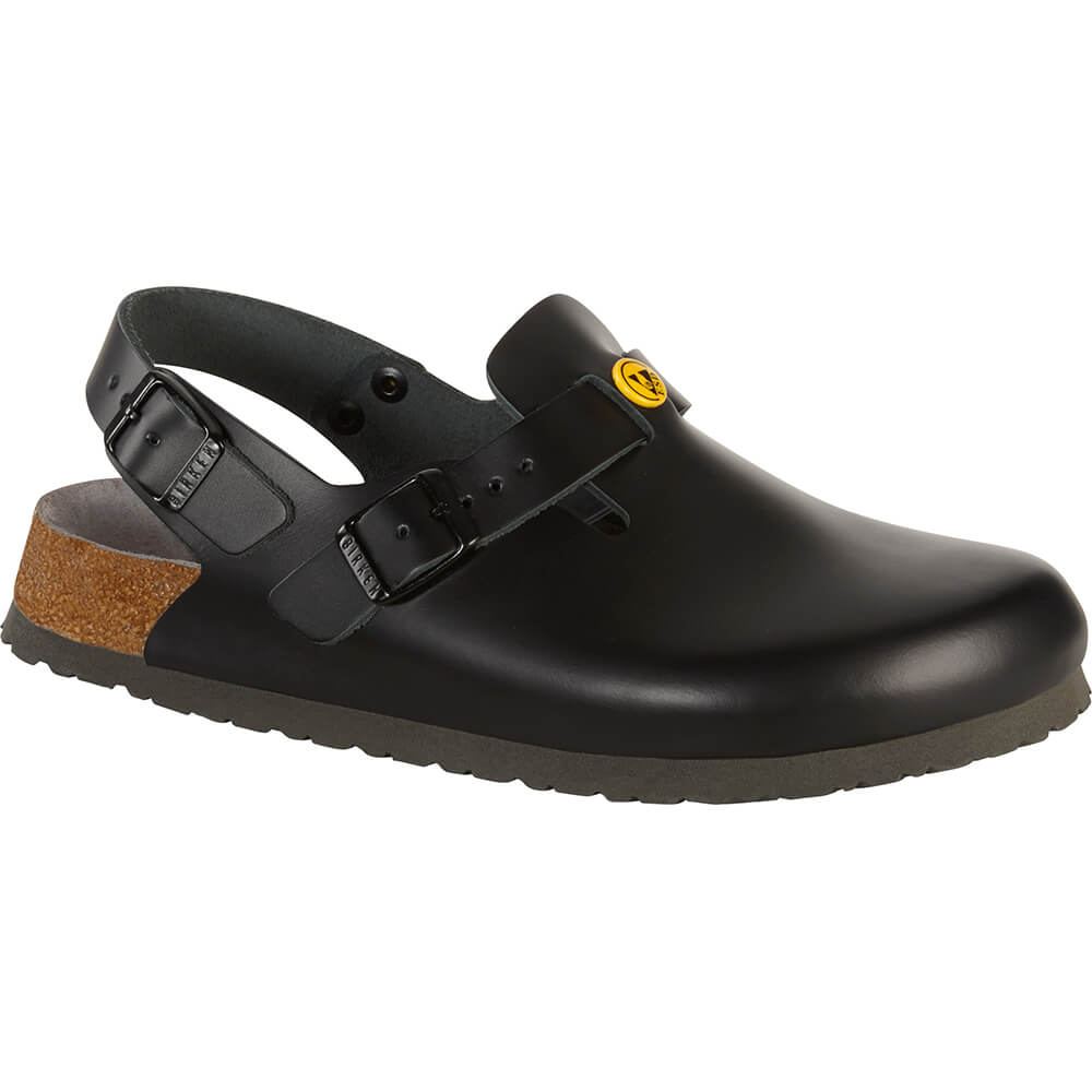 Schwarzer Clog mit zwei Riemen und Schnalle, geschlossene Zehen, Profilsohle mit Korkeinsatz