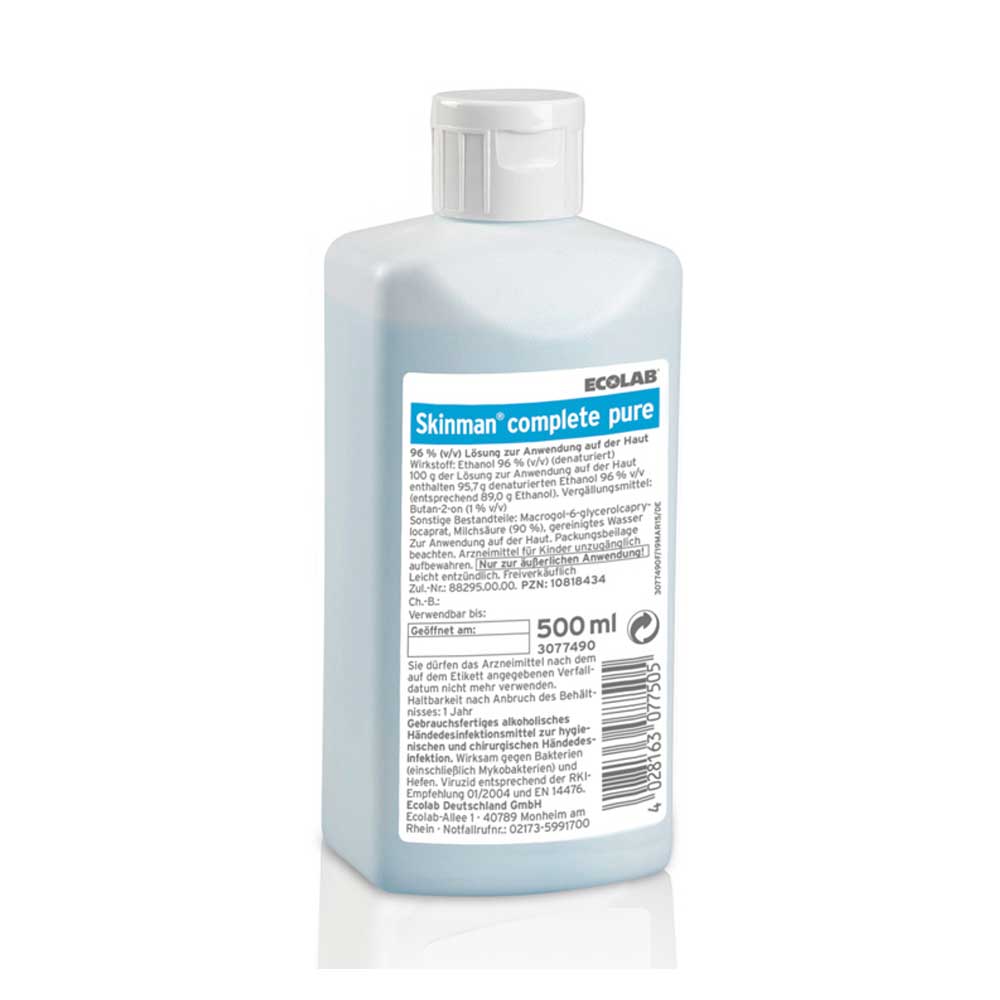 Händedesinfektionsflasche mit Schraubdeckel, Rückseite mit 500 ml-Angabe