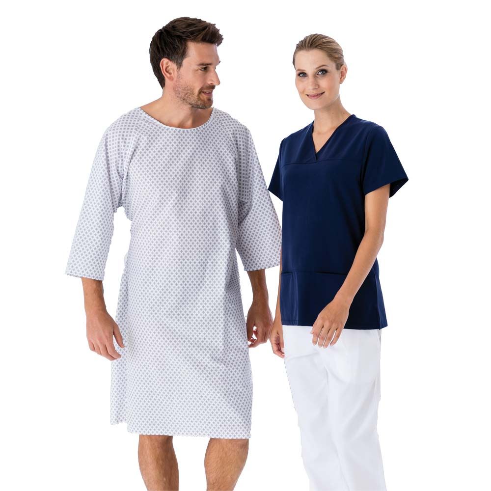 Exner Patientenhemd mit weißem Grund und blauem Mikromuster, Rundhals, dreiviertel Ärmel