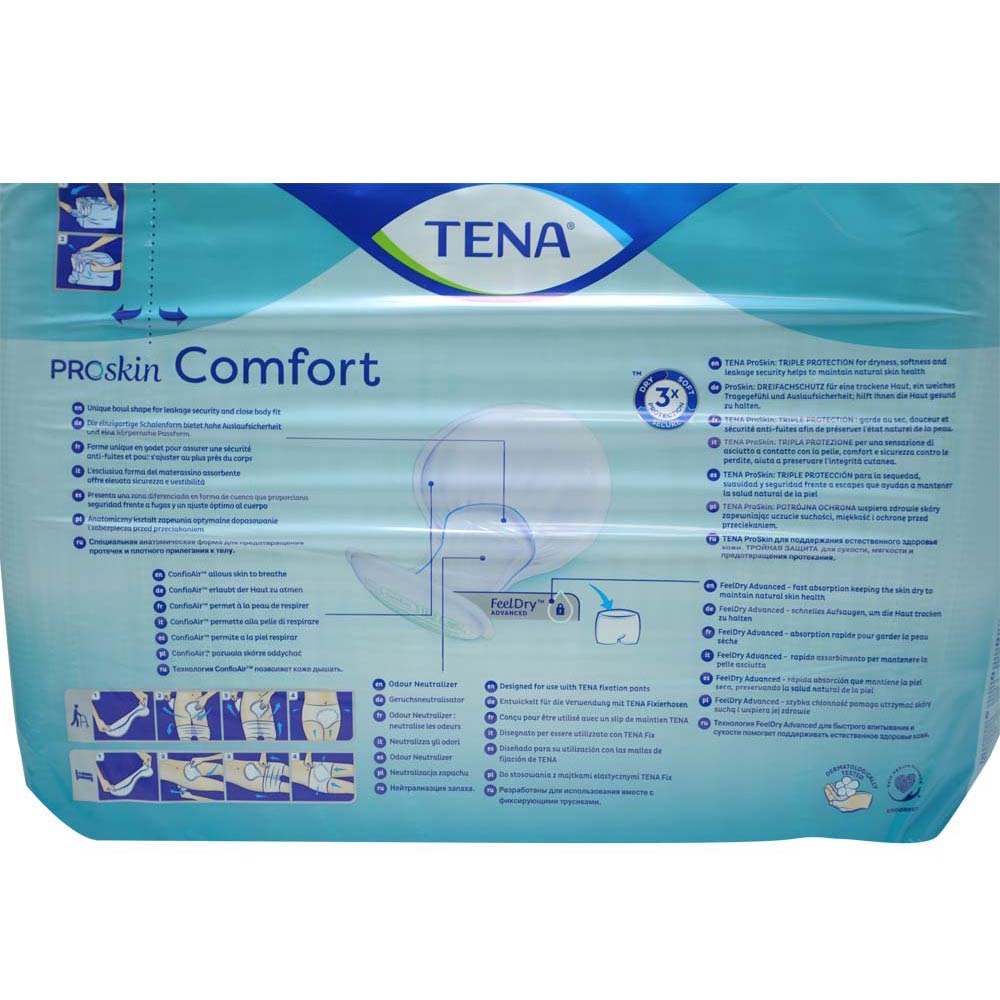TENA ProSkin Comfort Super Inkontinenz-Einlagen, Rückansicht der Verpackung