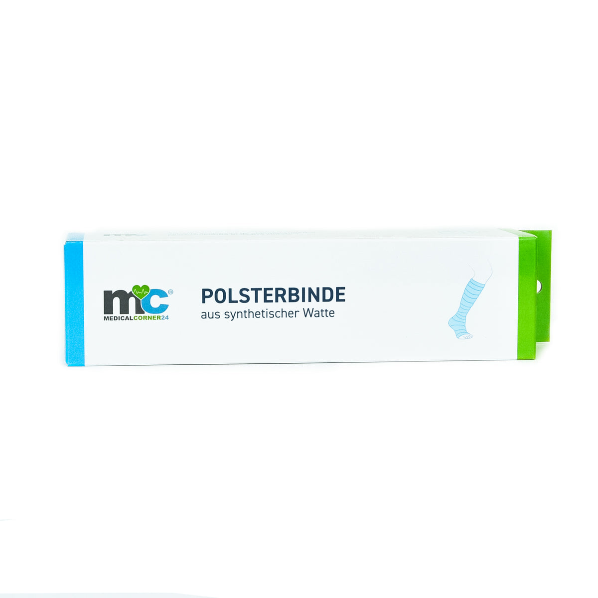 Polsterbinde aus synthetischer Watte in weißer Verpackung mit blauer Grafik und grünem Rand