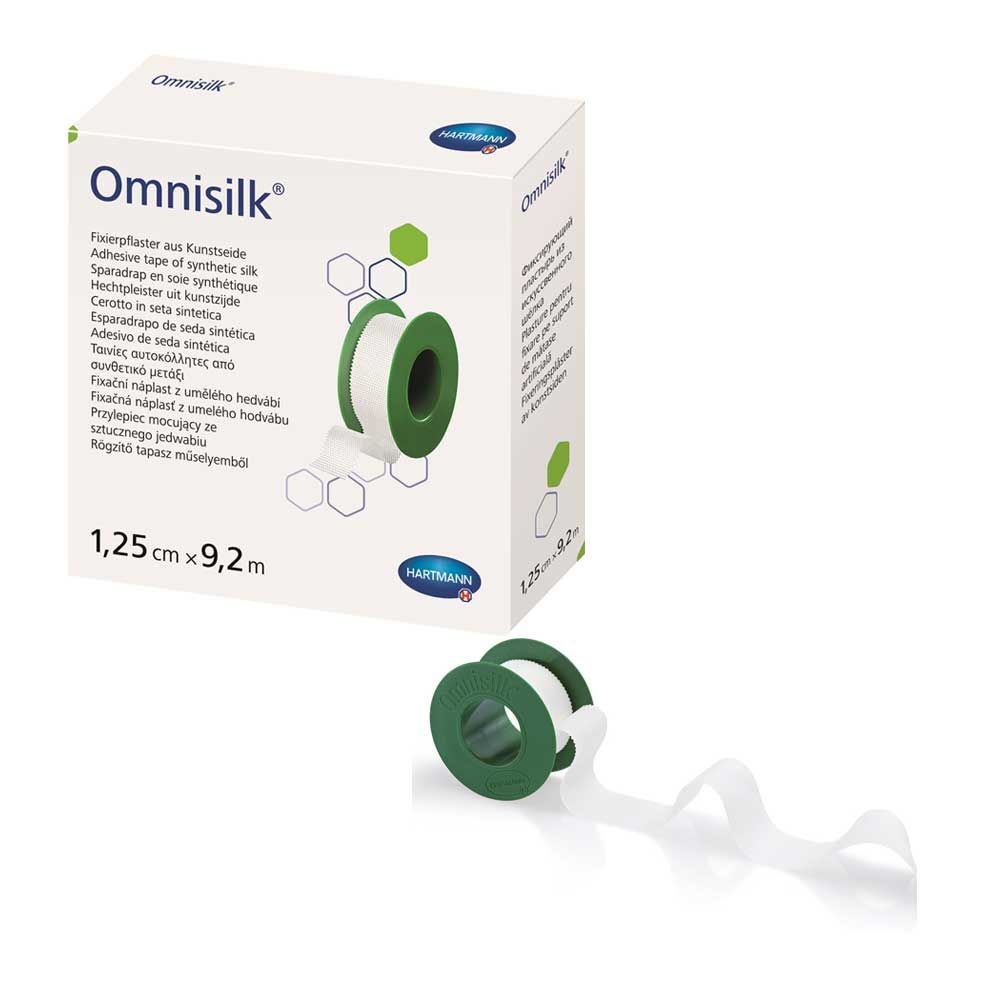 Fixierpflaster-Rolle aus Kunstseide (Omnisilk) mit grünem Klebestreifen, 1,25 cm