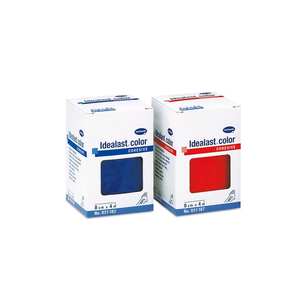 Idealast.color Haftbinde, blau und rot, nebeneinander als Packungen
