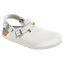 Birkenstock Tokio ESD Clog: weißer Riemenclog mit Schnalle, profilierte Sohle