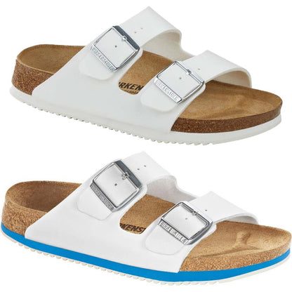 Weiße Birkenstock Arizona SL Sandale mit zwei Schnallenriemen und Korkfußbett