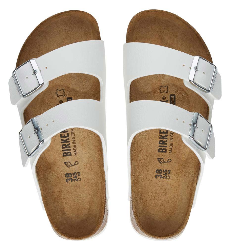 Weiße Birkenstock Arizona SL Sandale mit zwei Schnallenriemen, blau abgesetzter Laufsohle