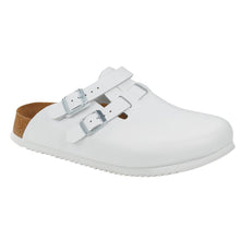 Weißer Birkenstock Clog-Slipper mit zwei Schnallenriemen und flacher Sohle
