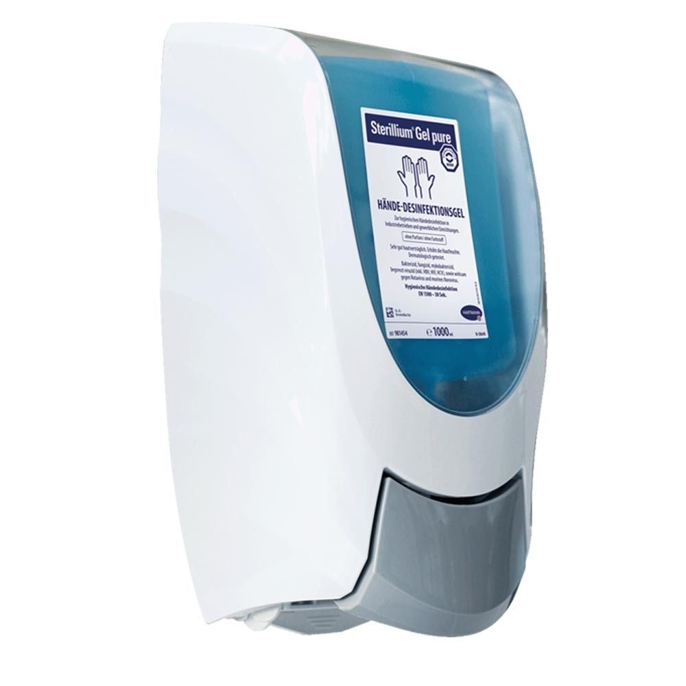 Wand-Dosierspender mit Überkopf-System, weißes Gehäuse und graue Unterseite