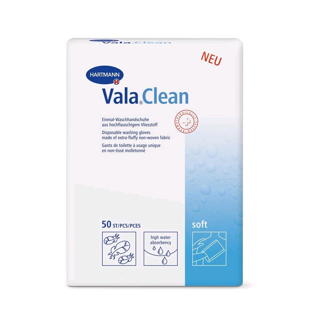 Einmal-Waschhandschuhe Packung ValaClean soft, 50 Stück, Vorderansicht, blau-weiß