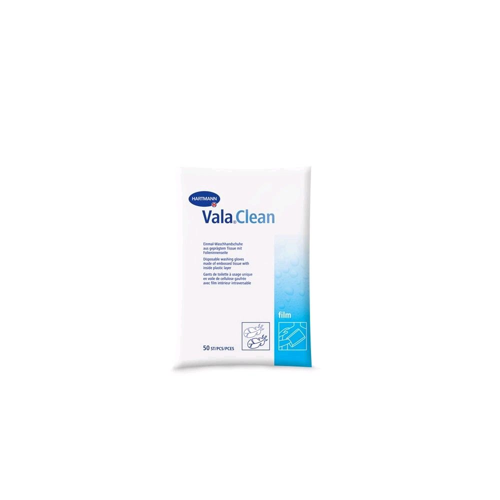 Einmal-Waschhandschuhe Packung ValaClean film, 50 Stück, weiß-blau