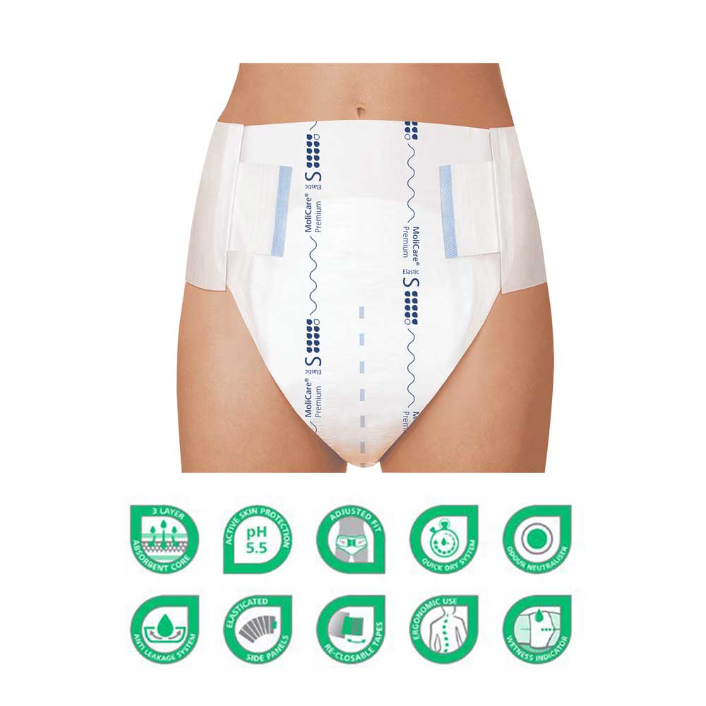 Inkontinenzslip an Model getragen, weiß mit blauen Markierungen und elastischem Bund