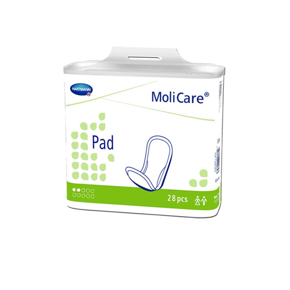 MoliCare Inkontinenz-Pad, grün, 28 Stk, mit Flügel-/Pad-Symbol.