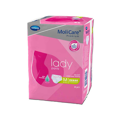 Rosa Inkontinenzslip-Pants Packung, Ansicht von der Seite mit „MoliCare Premium“