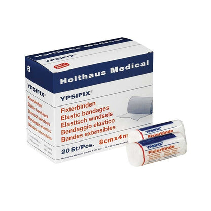 Verpackung mit YPSIFIX® Fixierbinde und Rolle, weiß; blau-rote Beschriftung