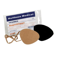 Ovale Augenklappe mit Gummiband, schwarz, medizinisch.