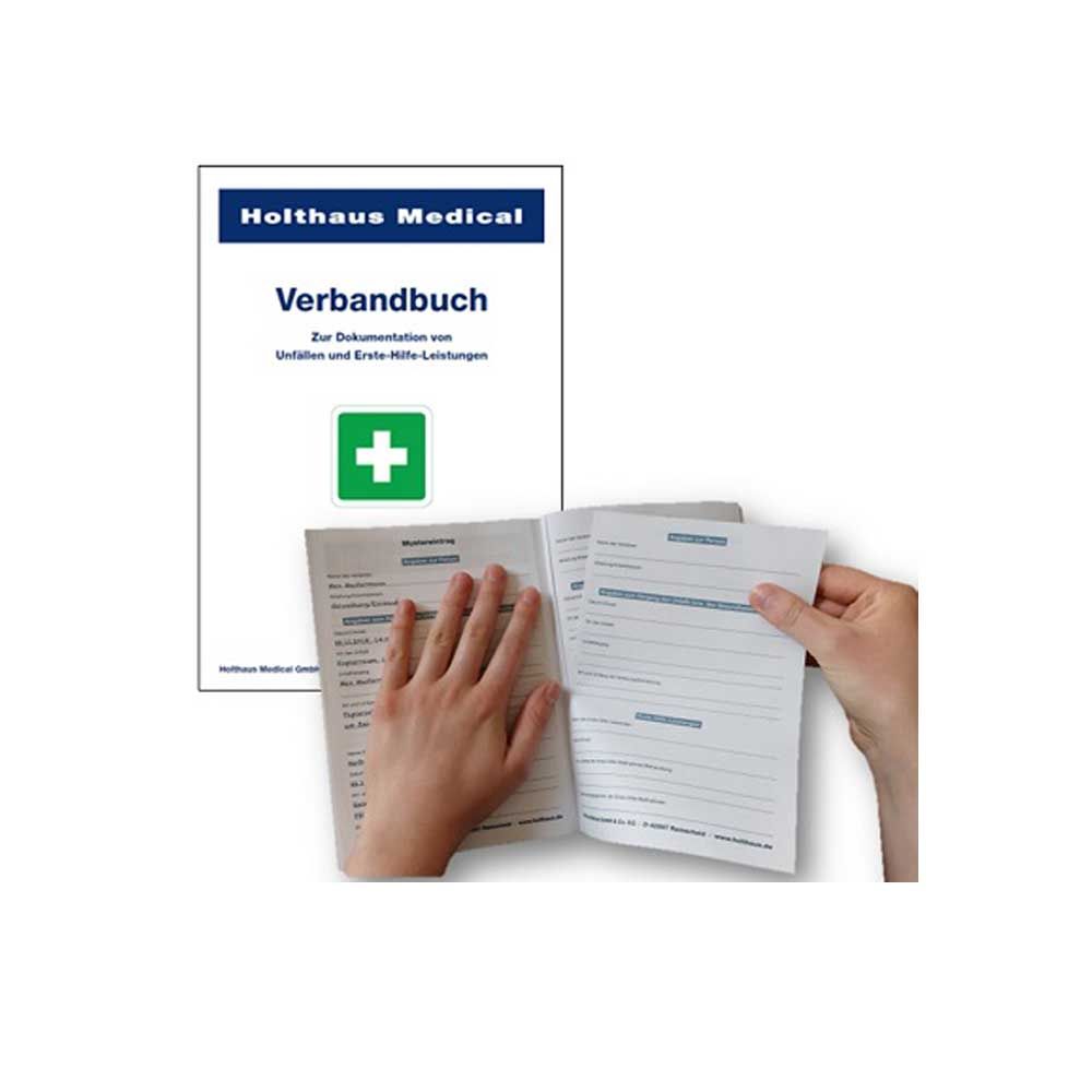 Holthaus Medical Verbandbuch, geöffnet mit Formularen und griffbereitem Deckblatt