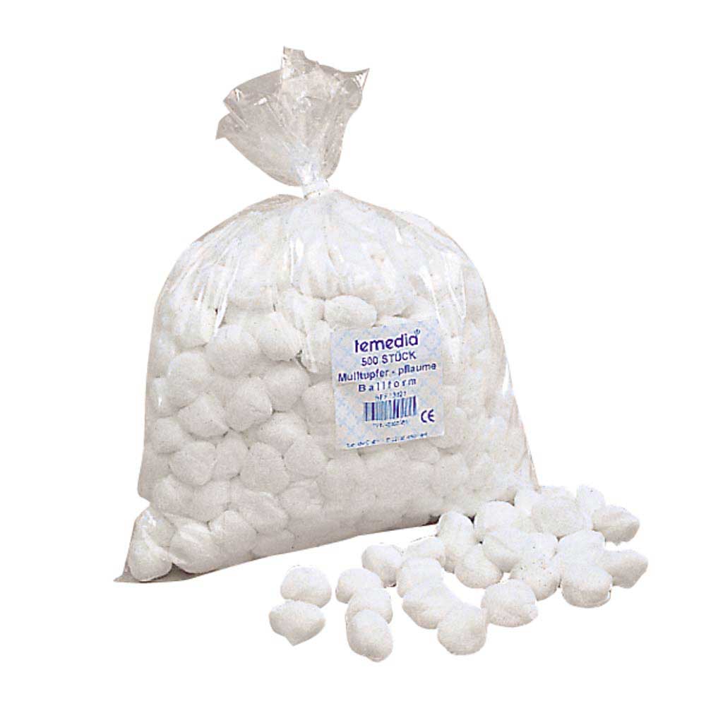 Unsterile Schlinggazetupfer, ballförmig, weiß; Verpackung mit Etikett und ausgelegte Tupfer