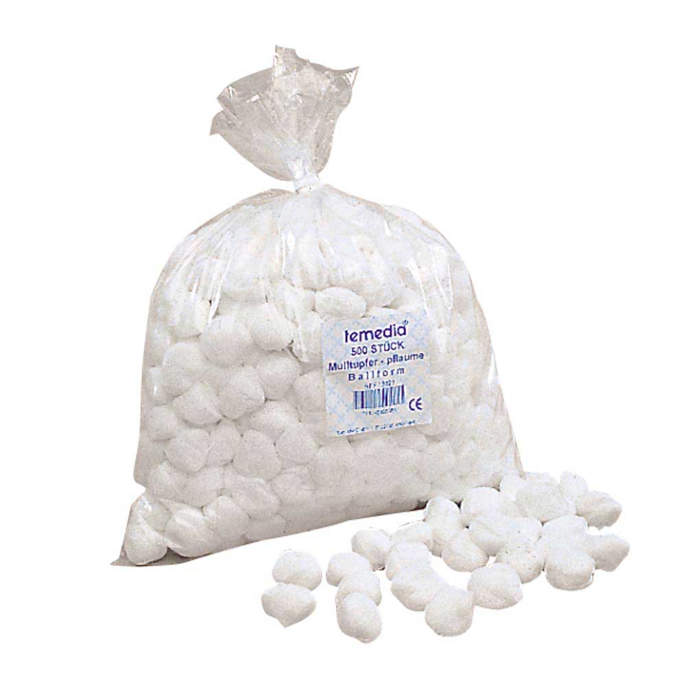 Sterile Schlinggazetupfer (Gazebällchen) in weißem Beutel, ballförmig, zur Anwendung bereit.