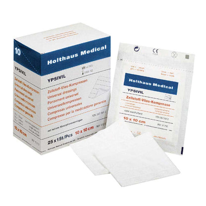Sterile Zellstoff-Vlieskompresse YPSIVIL, 10×10 cm, in Faltschachtel und Kompressen