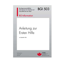 Erste-Hilfe-Broschüre mit Cover „Anleitung zur Ersten Hilfe“ und „BGI 503“