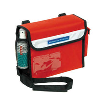 Rote Sanitätsumhängetasche mit Umhängegurt und Klappfach, seitlicher Netztasche