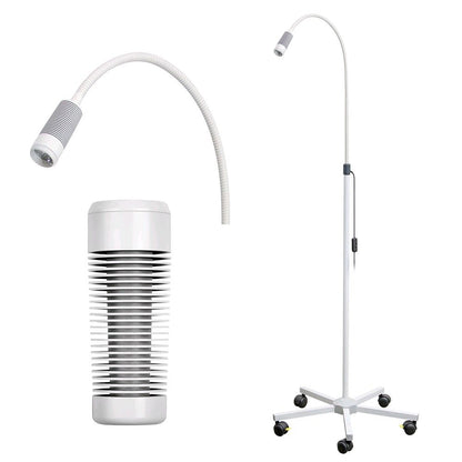 LED-Untersuchungsleuchte mit Rollstativ und weiß-silberner zylindrischer Leuchte