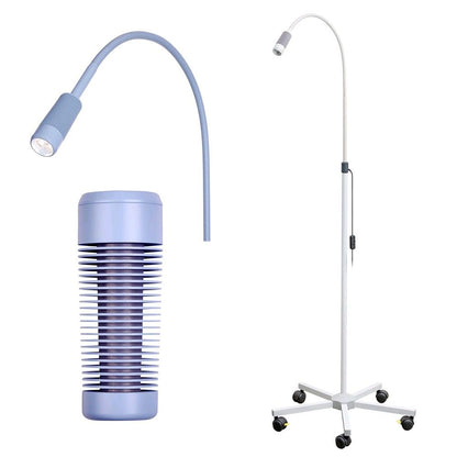 LED-Untersuchungsleuchte mit Rollstativ und blauer zylindrischer Leuchte