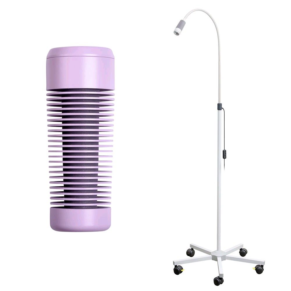 LED-Untersuchungsleuchte mit Rollstativ und fliederfarbener zylindrischer Leuchte