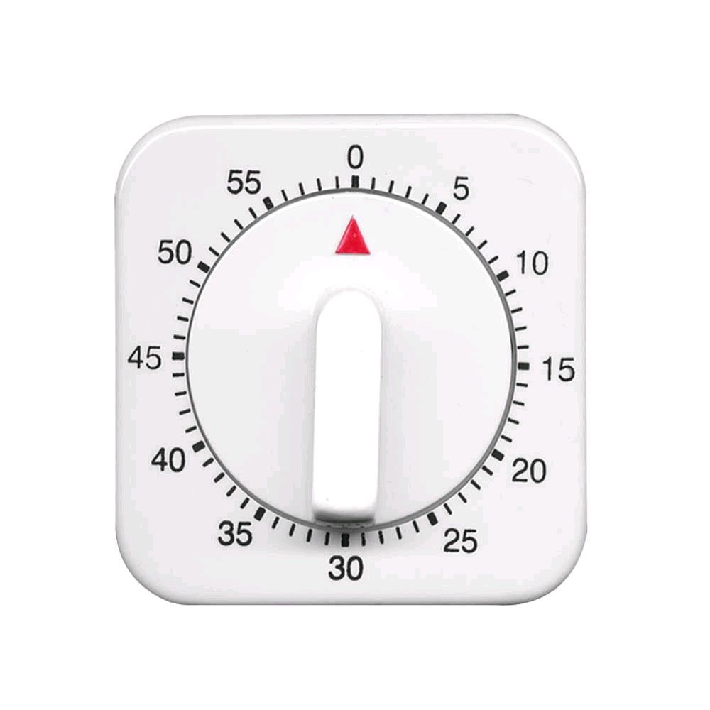 Mechanischer Kurzzeitmesser mit weißem Gehäuse und analogem Ziffernblatt, Skala 0–55, rot