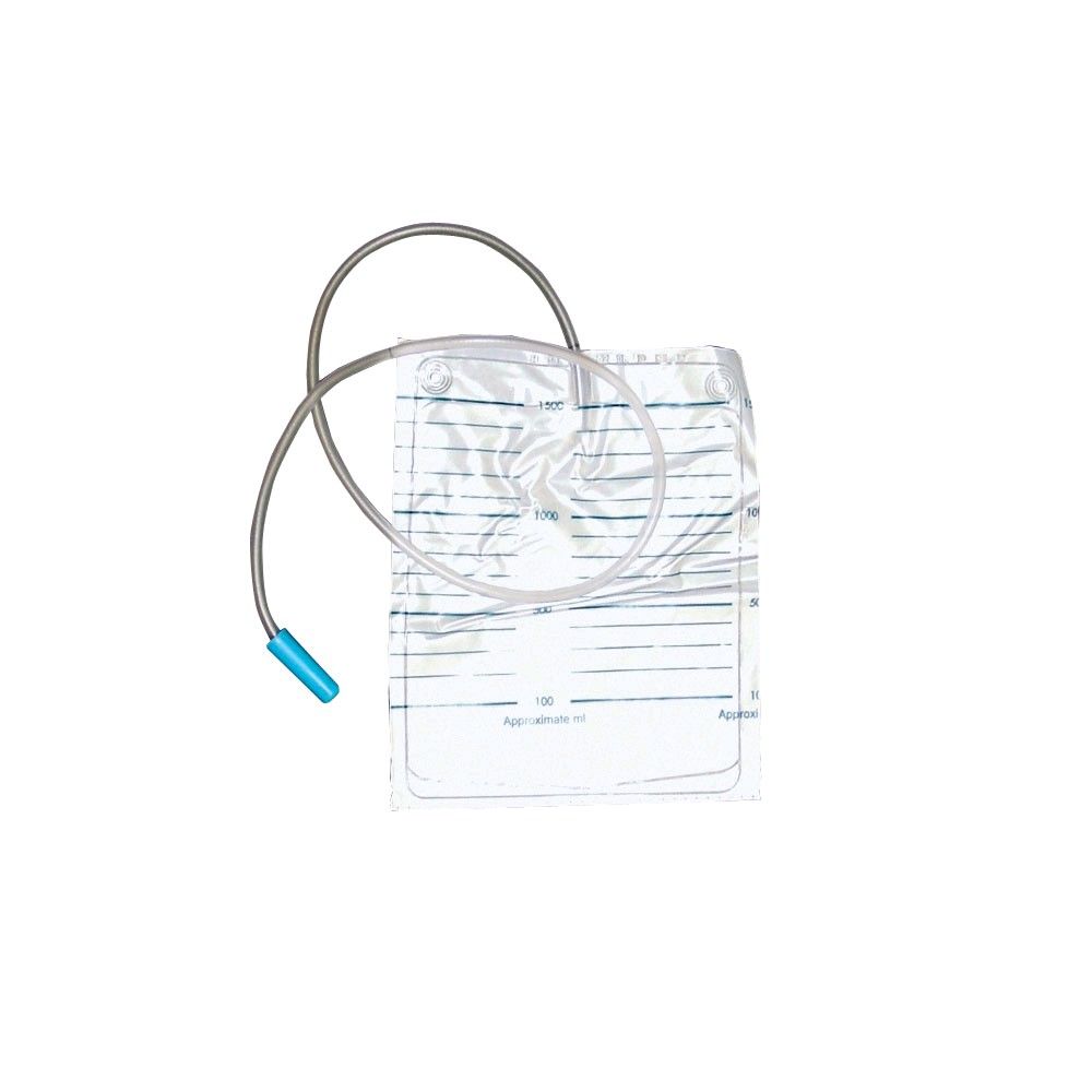 Urinbeutel mit Schlauch und blauem Anschluss, transparent mit Skala