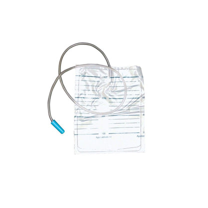Urinbeutel mit Schlauch und blauem Anschluss, transparent mit Skala