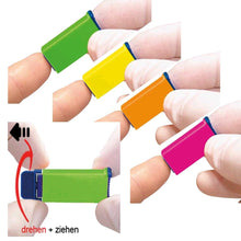Sicherheitslanzetten in mehreren Farben: gelb, grün, orange, pink mit blauem Clip