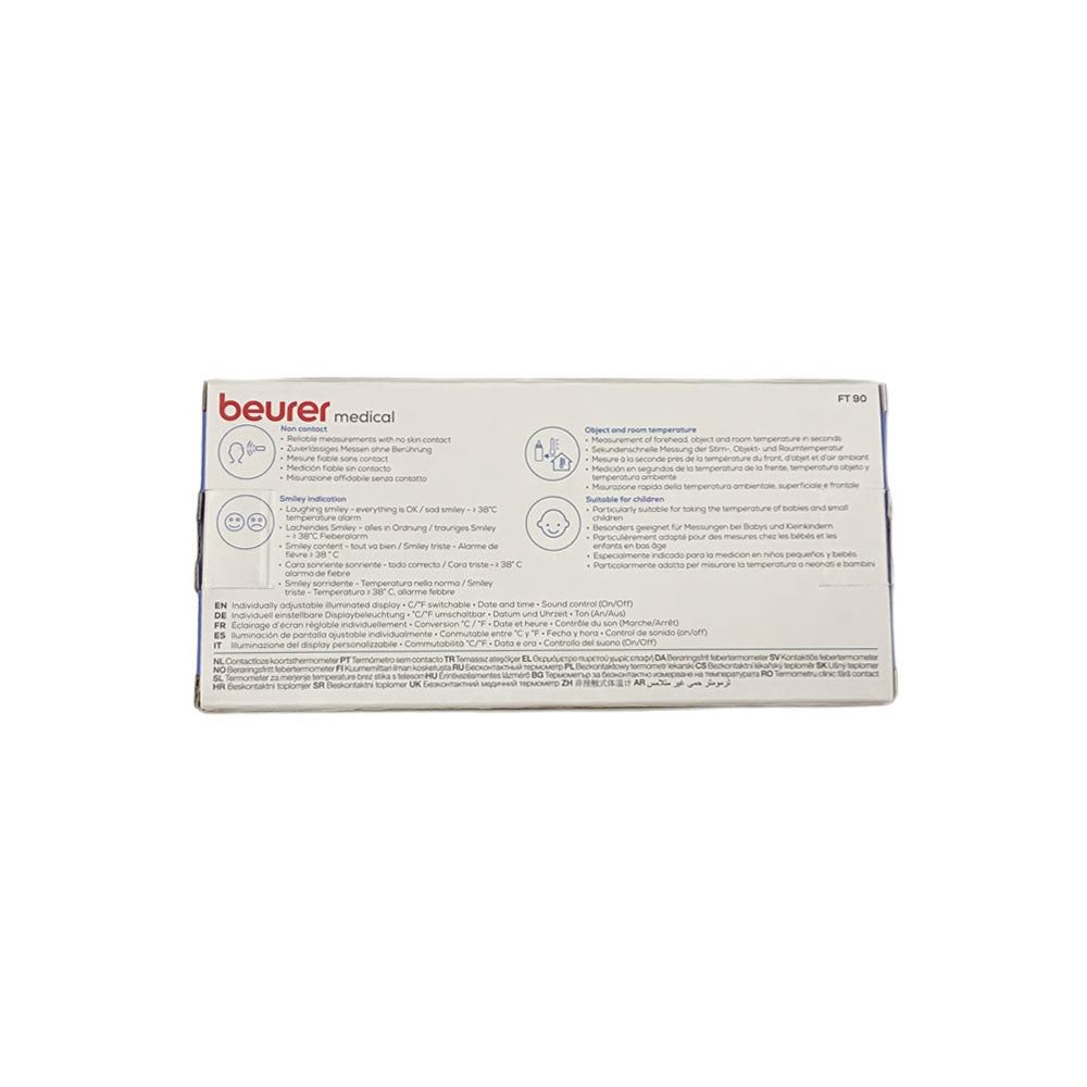 Rückseite der Verpackung mit Produktinformationen zum Beurer medical FT90