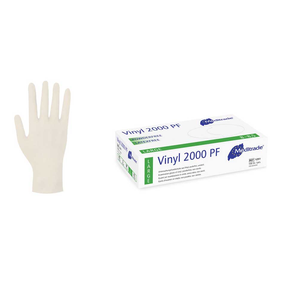 Unsterile puderfreie Vinylhandschuhe; Handschuh neben gefalteter Kartonpackung
