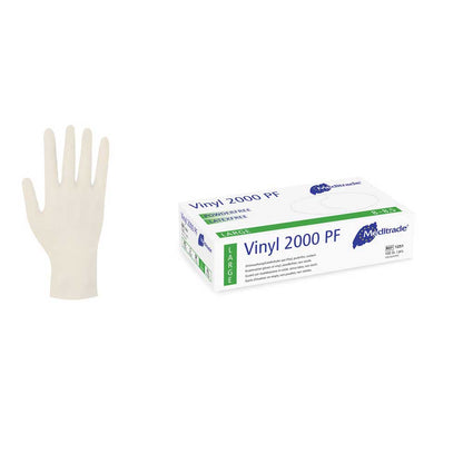 Unsterile puderfreie Vinylhandschuhe; Handschuh neben gefalteter Kartonpackung