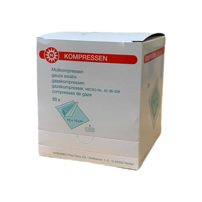 Sterile Noba Mullkompressen Karton mit Aufdruck „KOMPRESSEN“, 50×, 10×10 cm