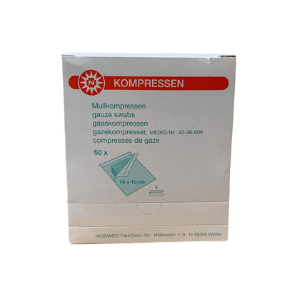 Sterile Mullkompressen Karton von Noba mit Inhaltsangaben, 50×, 10×10 cm
