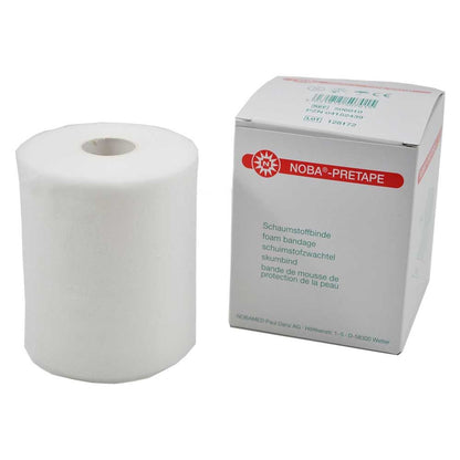 Schaumstoffbinde-PreTape-Rolle NOBA®-PRETAPE neben Kartonverpackung