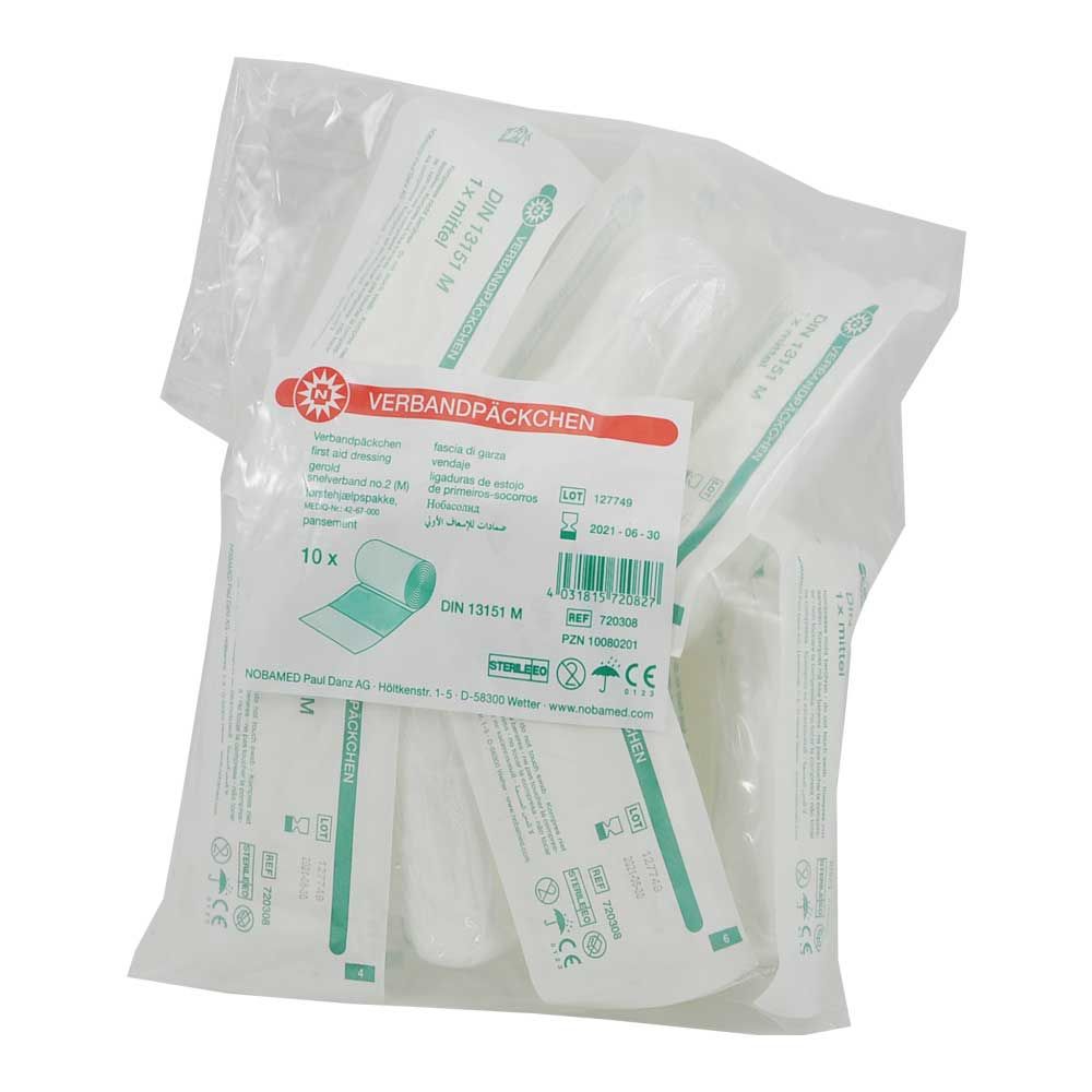 Steriles Verbandpäckchen DIN 13151 mit Wundauflage, 10er-Pack, im Folienbeutel