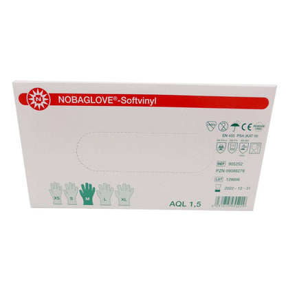 Einmal-Handschuhbox NOBAGLOVE®-Softvinyl mit Größen XS–XL, AQL 1,5 und Sicherheitsicons.