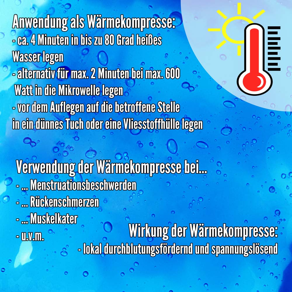 Anwendungsinfografik mit Thermometer und Hinweisen zur Wärmekompressen-Nutzung