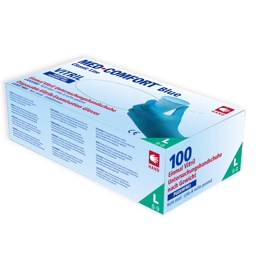 Verpackung blauer Einmal-Vitrilhandschuhe, puderfrei, 100 Stück