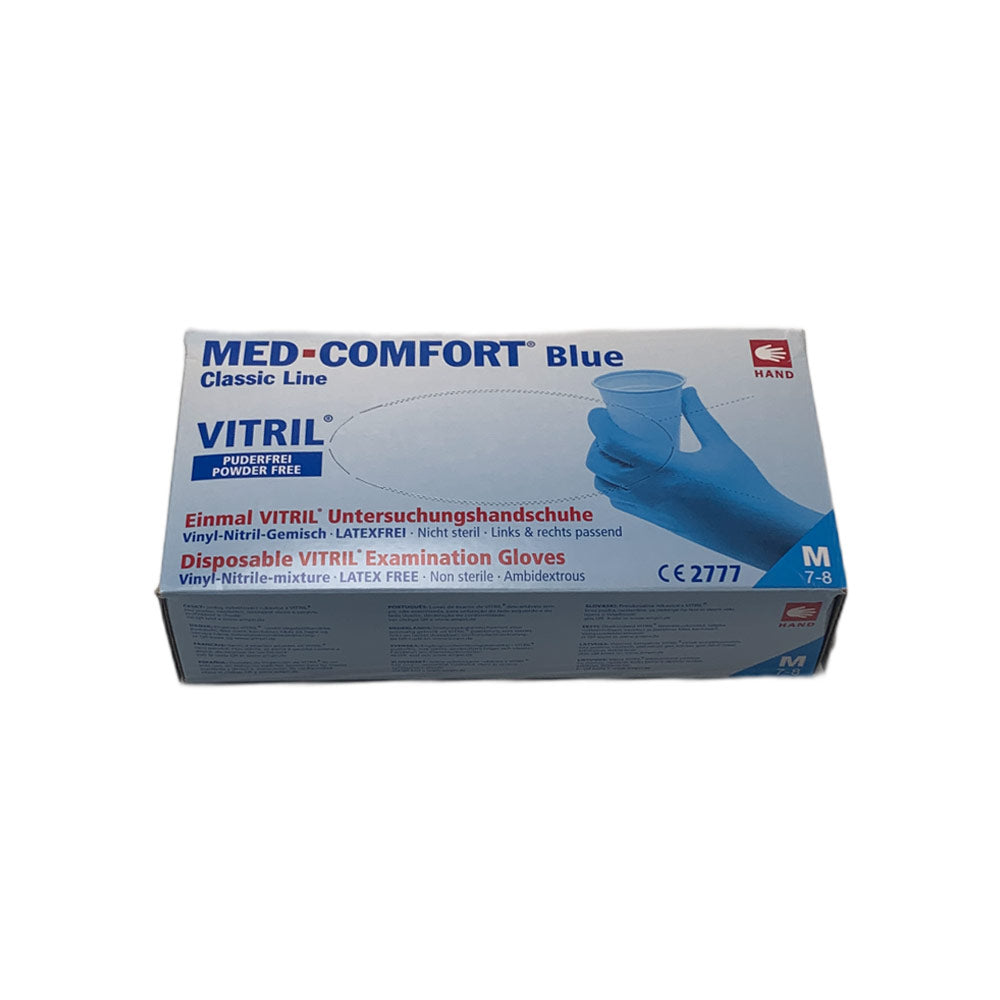 Verpackung blauer Einmal-Vitrilhandschuhe aus Vitril, puderfrei