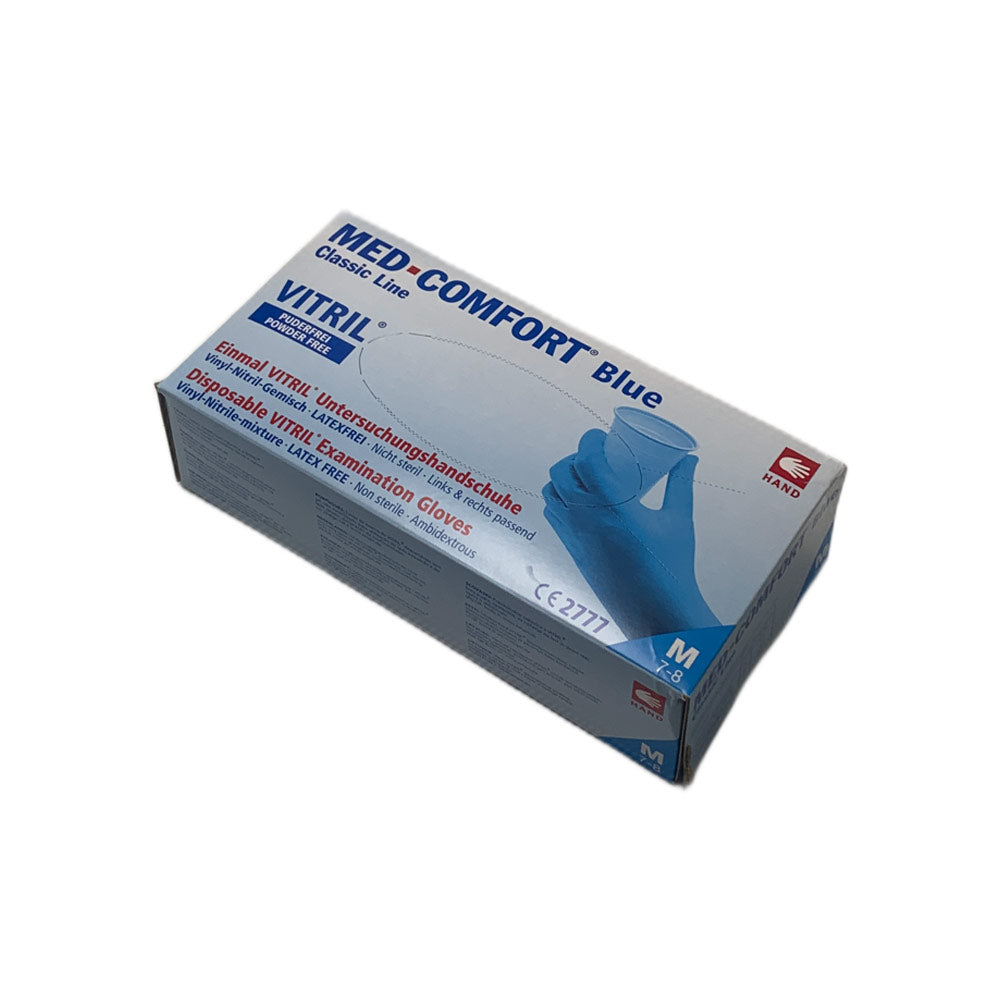 Verpackung blauer Vitril-Vinyl-Einmalhandschuhe, puderfrei
